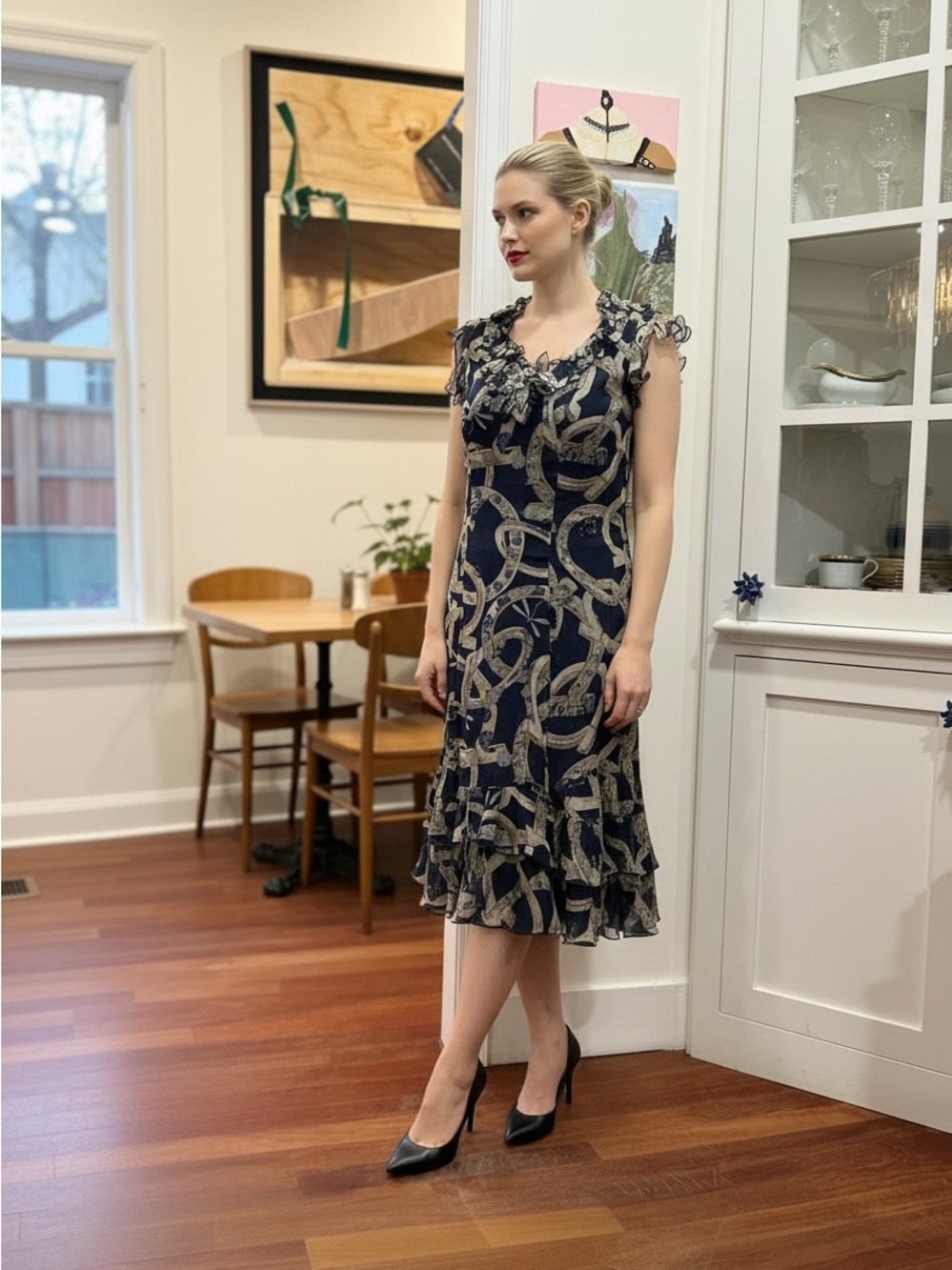 Salvatore Ferragamo Navy and Beige Chain-Print Ruffled Midi Dress